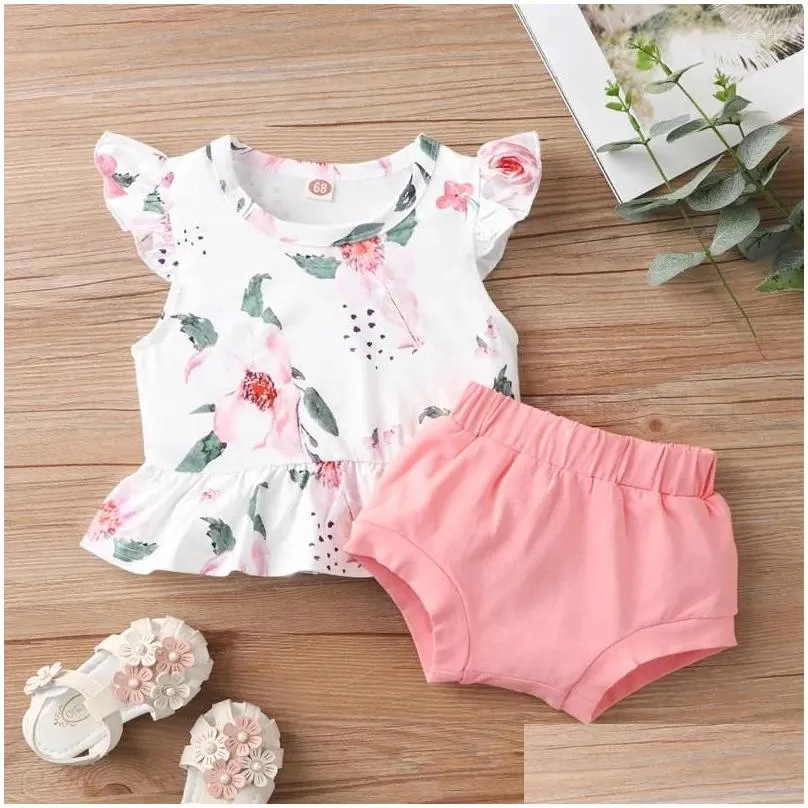 Clothing Sets Summer 2pcs Baby Girl Clothes Set Flower Print Ruffles Flying Sleeve Tops Pink Briefs Breathable Outfit 0-18M