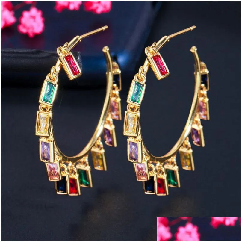 Hoop Huggie Fashion Earring Designer For Women Tassels Colorf Aaa Cubic Zirconia Earrings Jewelry 42Mm Star Water Drop Square 18K G Dhbqs