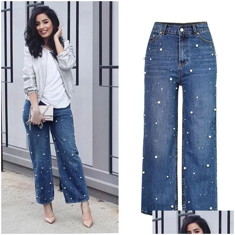 Women`s Jeans Women High Waist Pearl Beading Wide Leg Straight Denim Pants Pantalon FemmeWomen`s