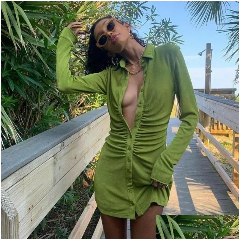 Basic & Casual Dresses Turn-Down Collar Green Women Shirt Club Party Long Sleeve Button Mini Dress Holiday 2022 Spring Streetwear Dro Dh5Ma