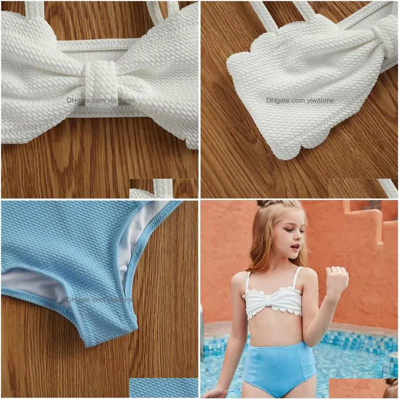 One-Pieces 2Pcs Bikini Swimwear Kid Girl Swimsuit Smocking Lace White Vest Solid Color Sling High Waist Blue Triangle Shorts Swimming Dhlch