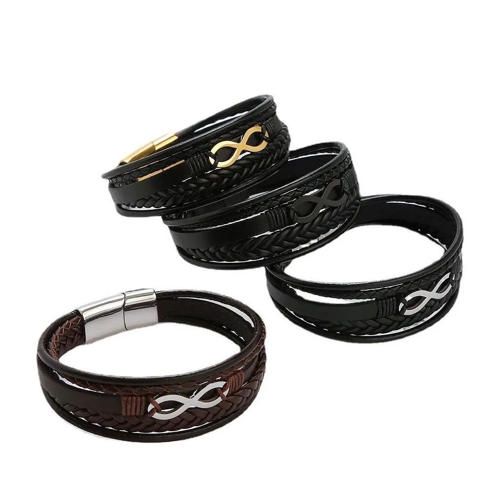 leather charms bracelets tree of life infinity design stainless steel bracelet fashion punk braided chain multi layer hip hop jewelry men women black brown