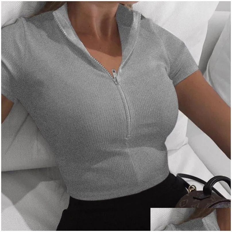 Women Casual Cotton T Shirts White Black Zipper V Ncek Crop Top Short Sleeve Summer Slim Sexy