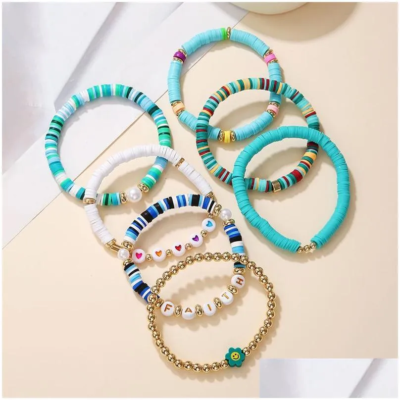 7pcs faith bracelets set surfer heishi beaded strands love heart charm soft clay stackable boho wristbands women summer beach friendship jewelry