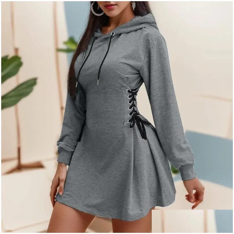 Casual Dresses Fashion Slim Bandage High Waist Mini Dress For Women Sexy Drawstring Lace Up Plain Hooded Sweatshirt Daily