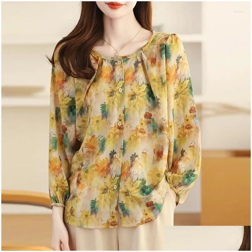 Women`s Blouses Printed Chiffon Blouse 2024 Summer Female Clothing O-neck Loose Oversized Shirt OL Vintage Nine Quarter Shirts Women