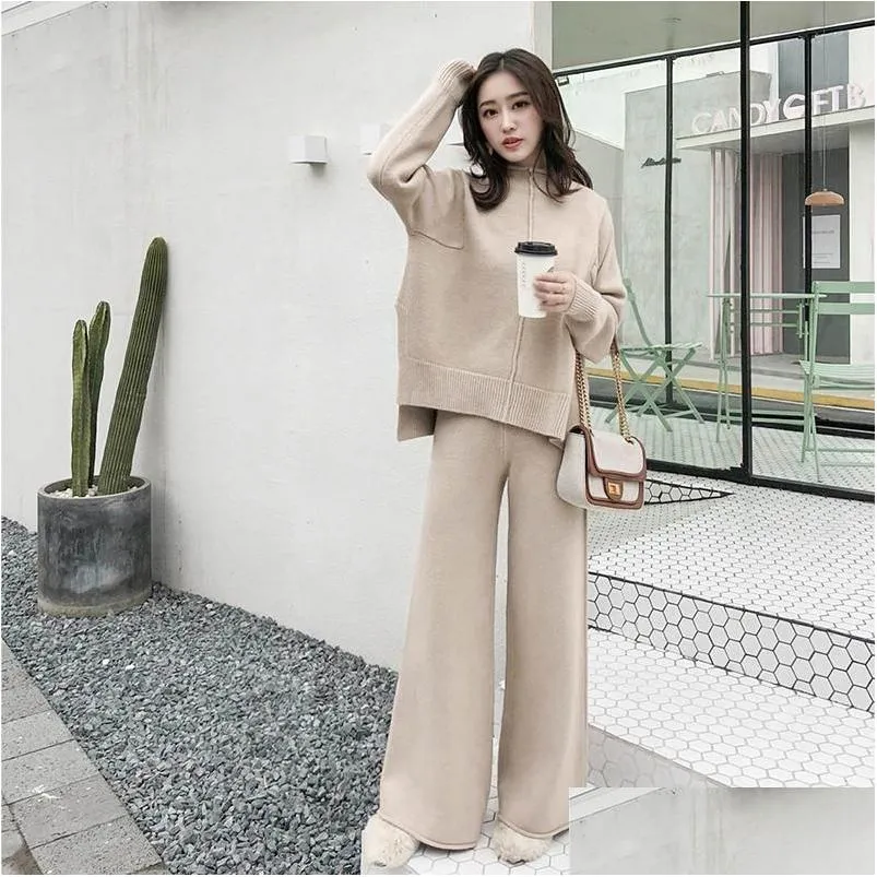 Two Piece Set Women Drape Knitting Sweater Half Turtleneck Pullovers Wide Leg Cashmere Wide-legged Pants Western Style Women`s