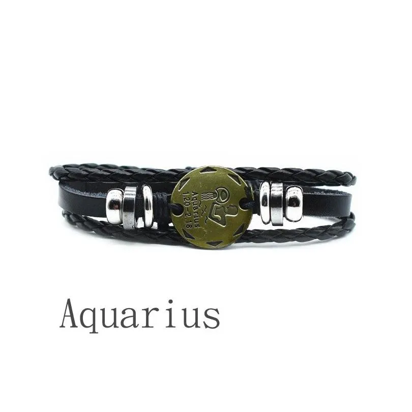 adjustable men leather bracelet cuffs vintage punk 12 constellation beaded male black wristband friendship bracelet for women charm