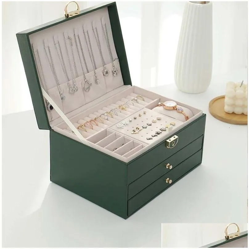 Jewelry Boxes 3-Layer Pu Organizer Box Necklaces Earrings Rings Display Holder Case Large Capacity Gift For Women 230505 Drop Deliver Dhfol