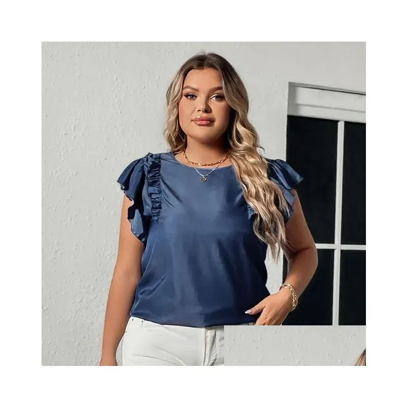 summer New Plus Size Loose T-shirt Ruffled Fi Solid Color Sleevel Blouse Large Size Elegant Female Pullover Tops 2023 x5wV#