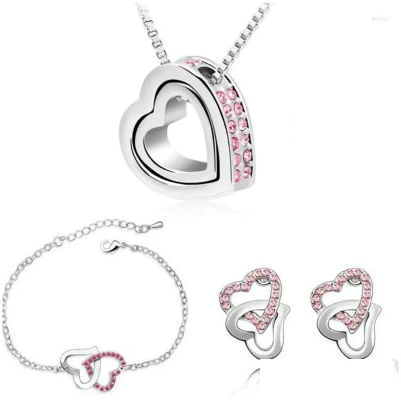 Earrings & Necklace Set Double Heart Pendant Bracelets Fashion Charm Lover Quality Rhinestones Wedding Girl Summer Drop Delivery Jewe Dhbjp
