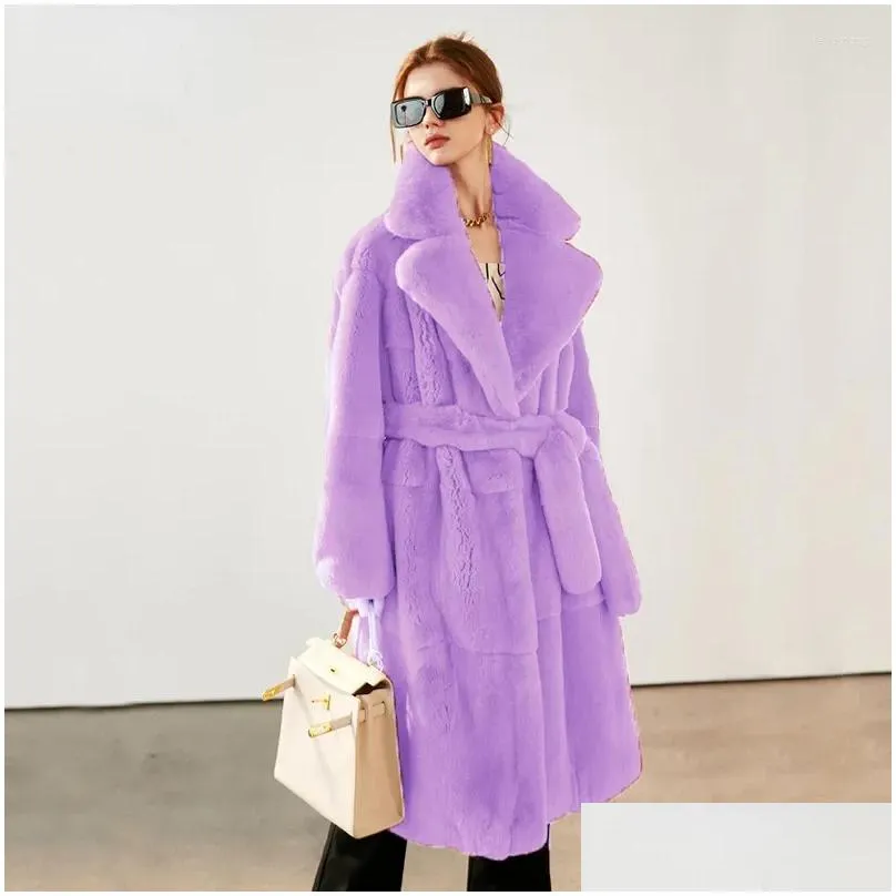 Women`s Fur Winter Faux Coat Women Warm Long Coats Fluffy Suit Collar Lace-up Chic Robe Solid Cardigan Jackets Sleeve