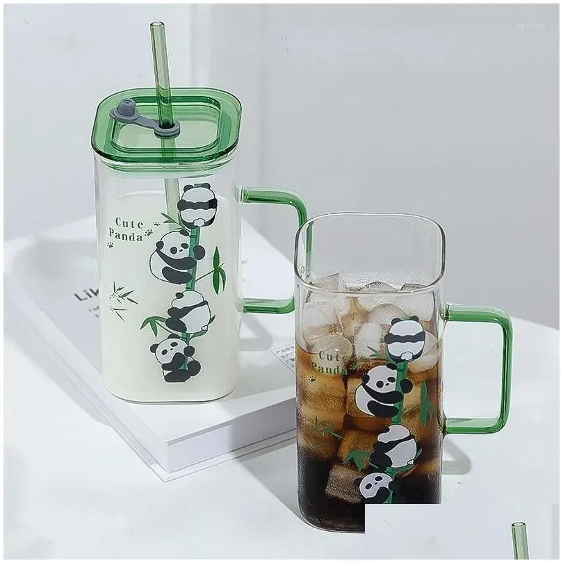 Wine Glasses 900ml Large Capacity Printed Square Water Cup Household Tea Making Couple Straw Glass With Handle Kitchen Accessories