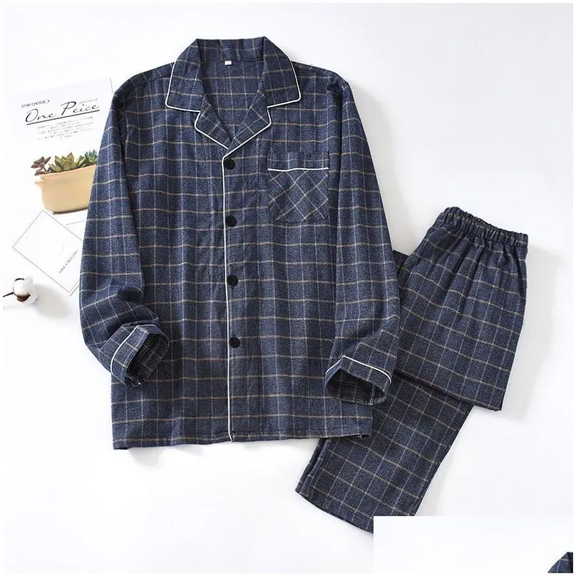 Men`S Sleepwear Mens Spring And Autumn Plaid Pajamas Cotton Flannel Home Service Large Size Long-Sleeved Trousers Soft Suit Sleep Wea Dhtdm