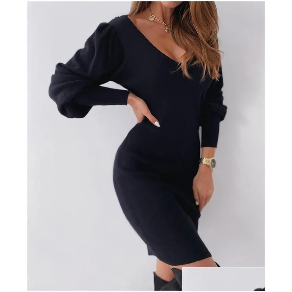 Basic & Casual Dresses S-3Xl Plus Size Women Autumn Winter Dress Female Long Sleevey Hollowed-Out Lace V-Neck Waist - Tight Lady Styl Dhtca