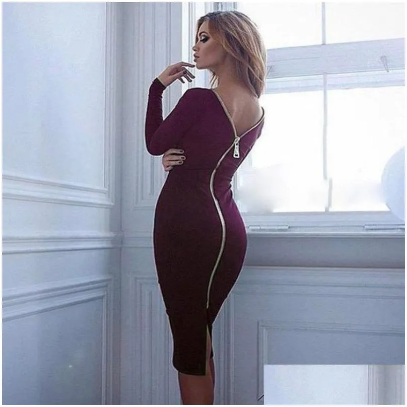 Gamiss Bodycon Sheath Dress Long Sleeve Party Sexy Dresses Women Clothing Back Full Zipper Robe Sexy Pencil Tight Dress Vestidos