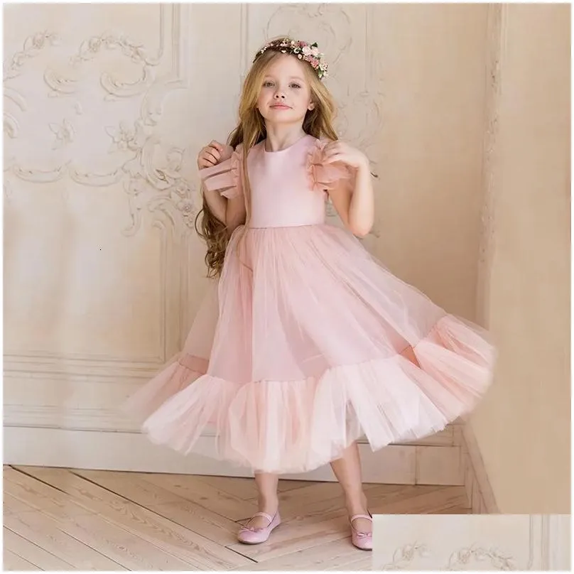 Girl`S Dresses Flower Girl Dress Children Bridemaid Wedding For Kids Pink Tle Gowns Girls Boutique Party Wear Elegant Frocks 220324 Dr Dhqh2