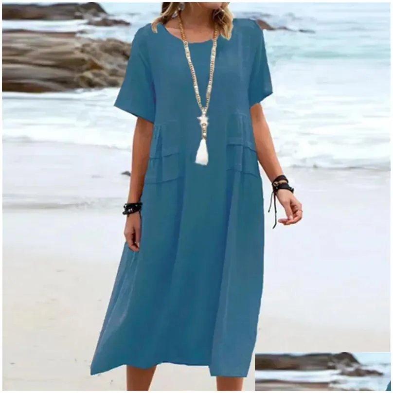 Dress 2024 Summer Cotton Linen Women Long Dress Black Aline Elegant Dresses Female Trendy Fashion Casual Loose Clothes Ladies