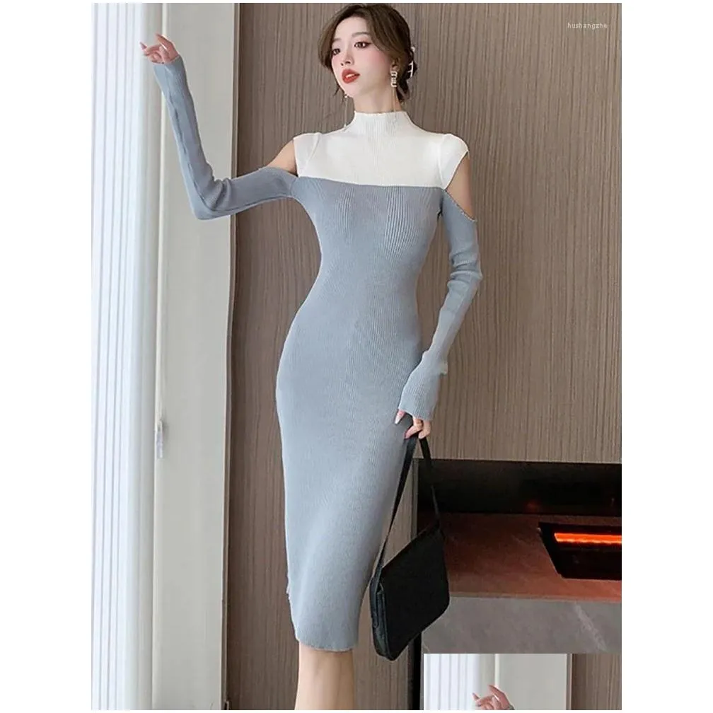 Casual Dresses Autumn Winter Solid Knitted Patchwork Hollow Out Sexy Dress Women Elegant Bodycon Long 2024 Korean Fashion Luxury