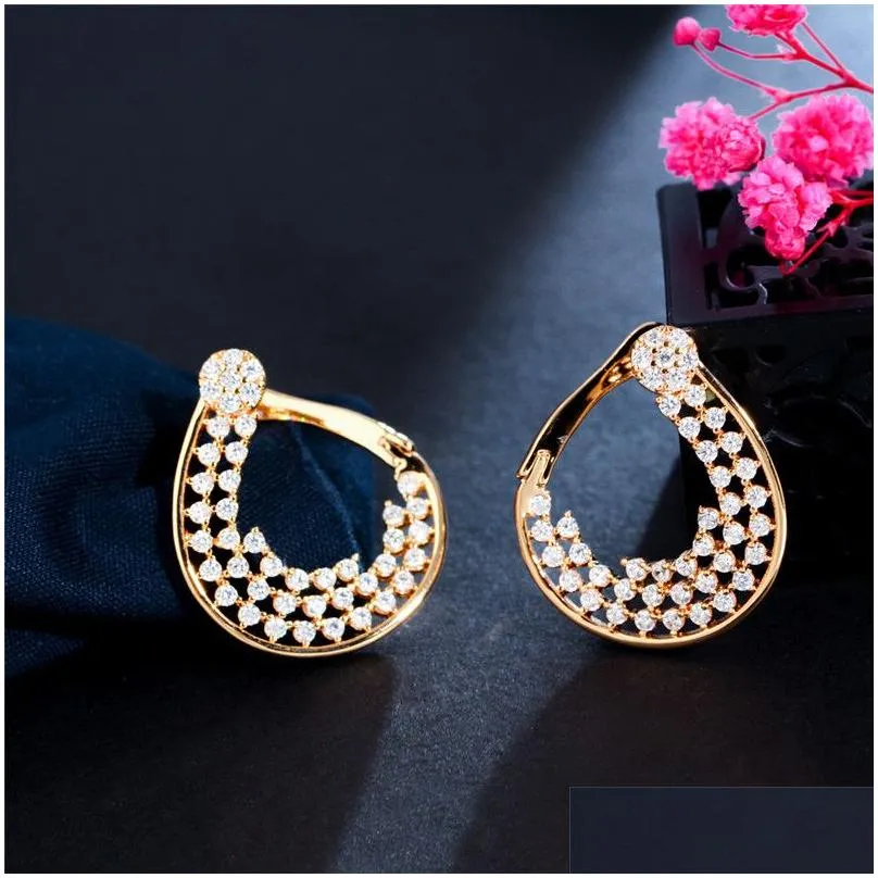 Hoop Huggie 18K Gold Plated Earring Designer For Woman Party Aaa Cubic Zirconia Water Drop Copper South American Jewelry White Cz W Dhu4E