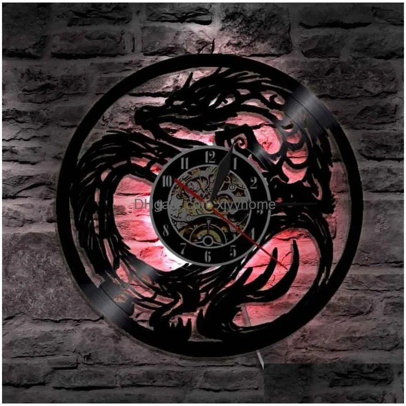 Wall Clocks Dragon Art Clock Battery Operated Modern Design Record With Led Lamp Home Living Room Decoration Drop Delivery Dhhgw