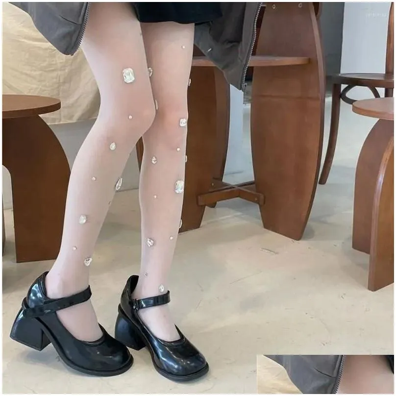 Women Socks Fashion Rhinestone Pantyhose Full Leg Black Silk Stockings Big Stretch Tights Sexy Crystal