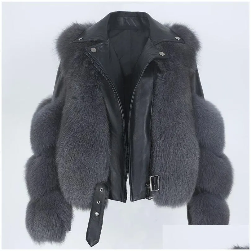 OFTBUY Real Fur Coat Vest Winter Jacket Women Natural Fox Fur Genuine Leather Outerwear Detachable Streetwear Locomotive 201103
