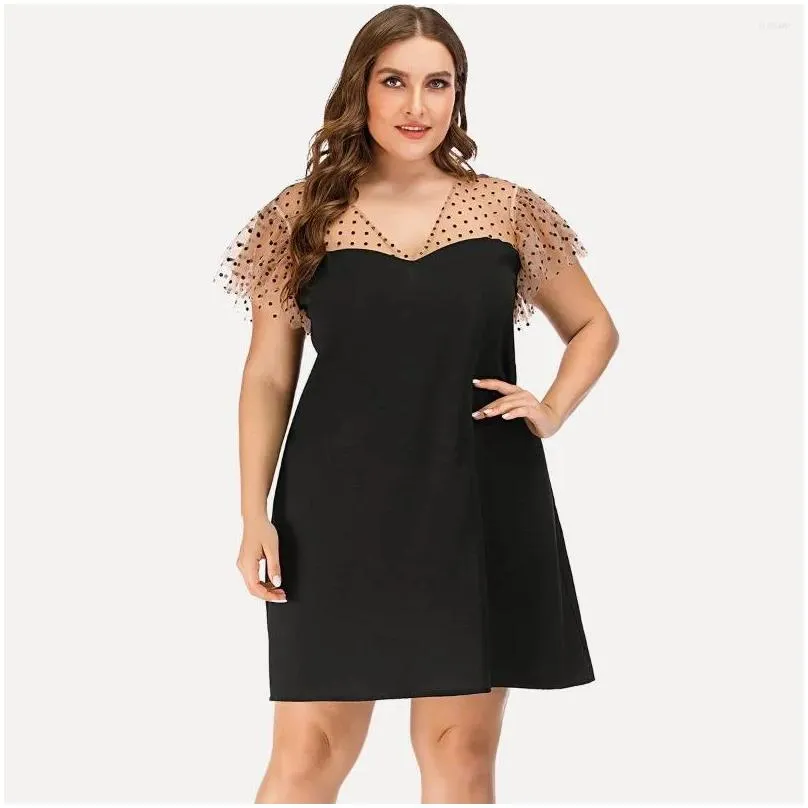Plus Size Dresses Women Casual Dress Summer 2023 Sexy Hollow Out Evening Party Mesh Fashion Patchwork Short Sleeve Club Outfits