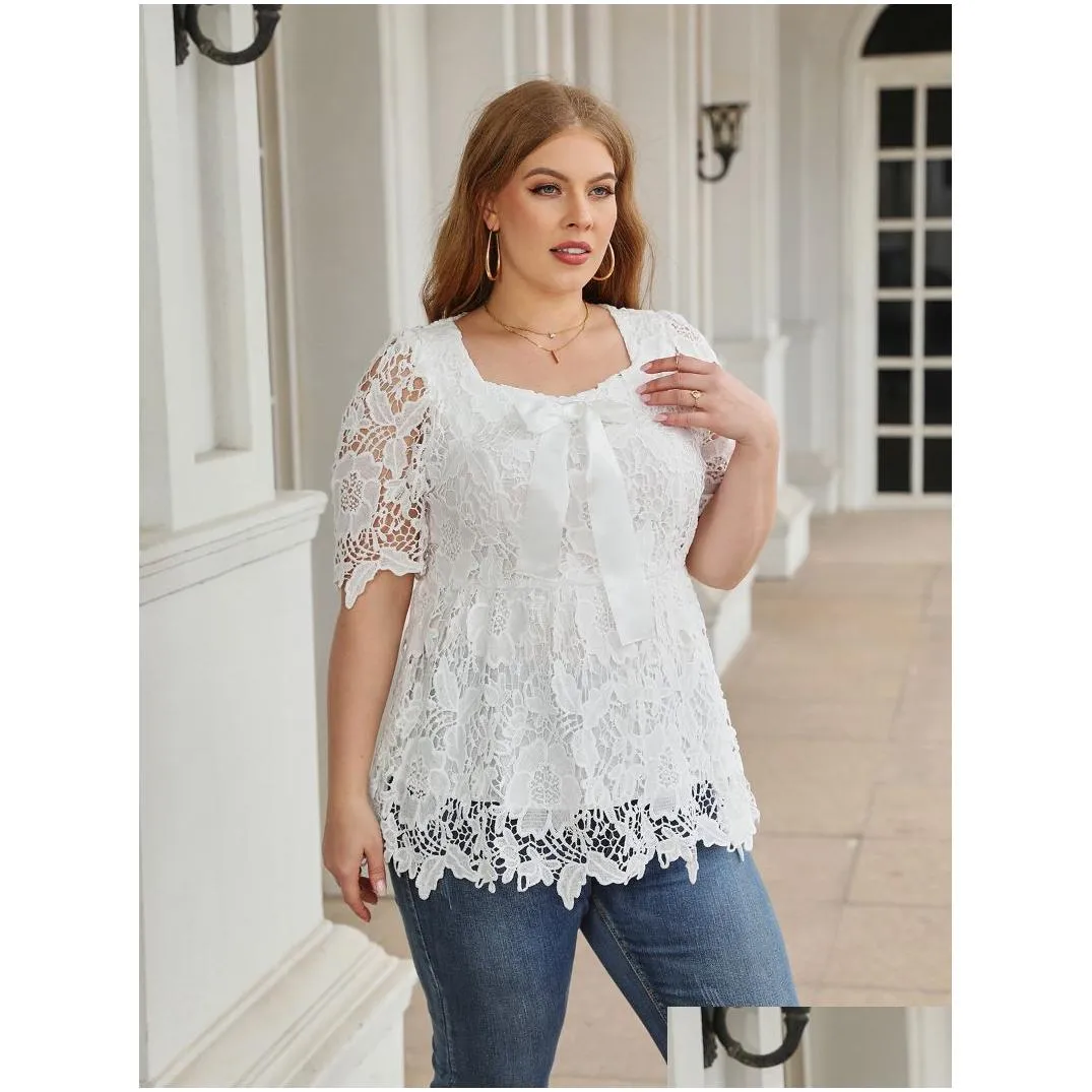 white Lace Blouse Shirt 2023 Summer Women Short Sleeve Lace Hollow Out Casual Ladies Tops Plus Size Women Clothing U51H#