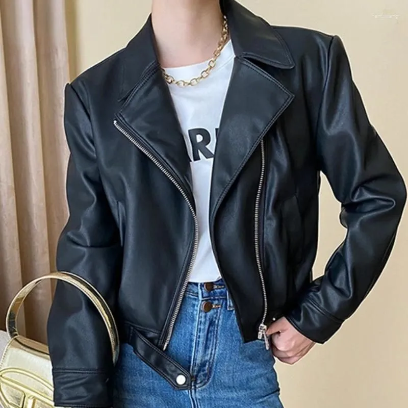 Women`s Leather Stand Collar Zipper Jackets Motorcycle PU Coats Women 2024 Autumn Street Long Sleeve Cropped Coat In Outerwears