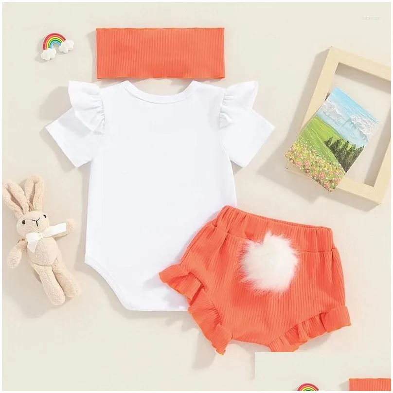 Clothing Sets My 1st Easter Baby Girl Outfit 3Pcs Round Neck Short Sleeve Romper 3D Tail Headband Clothes Set