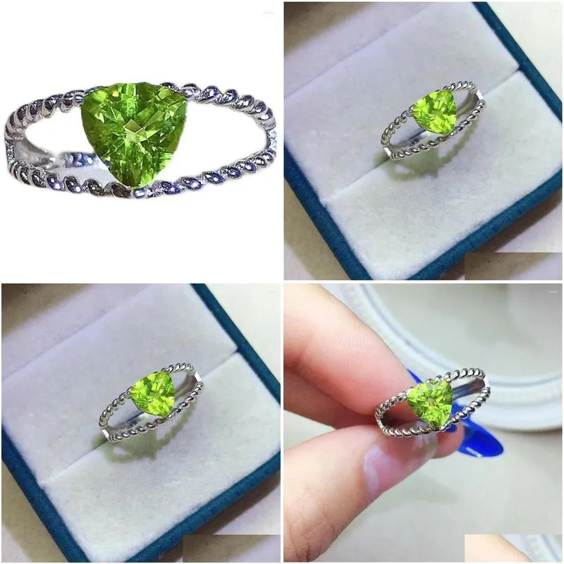 Cluster Rings 0.8ct 7mm Trillion Shape Peridot Ring Natural Silver For Daily Wear Woman Brithday Gift