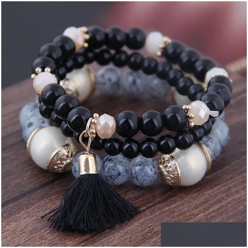 2019 Bohemian 3pcs Set Tassel Charm Pendant Beads Bracelets For Women Simulated Pearl Jewelry Womens Bracelet Set Boho273T