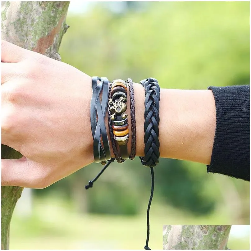 woven leather bracelet alloy skull head wood beads charms metal european american jewelry for women antique hand rope chain mens wrap