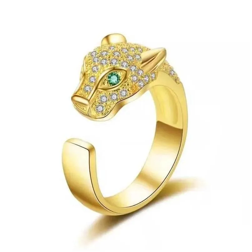 Cluster Rings Leopard Panther Head Green Eye Opening Ring Micro-Inlaid Crysyal Rhinestone Zircon For Uni Wedding Engagement Party Jew Dhq8J