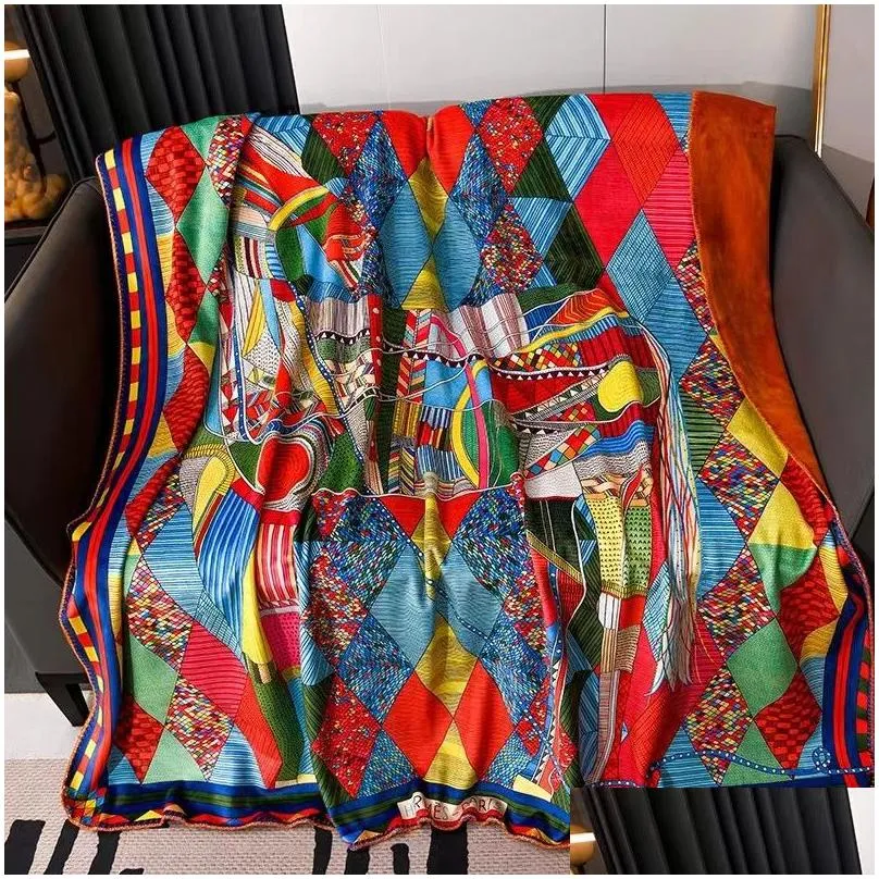 GOOD QUAILTY Luxurious H Red Horse Blanket, Brocade Velvet Double Blanket, multi-function shawl blanket, travel blanket, aircraft blanket, flower blanket