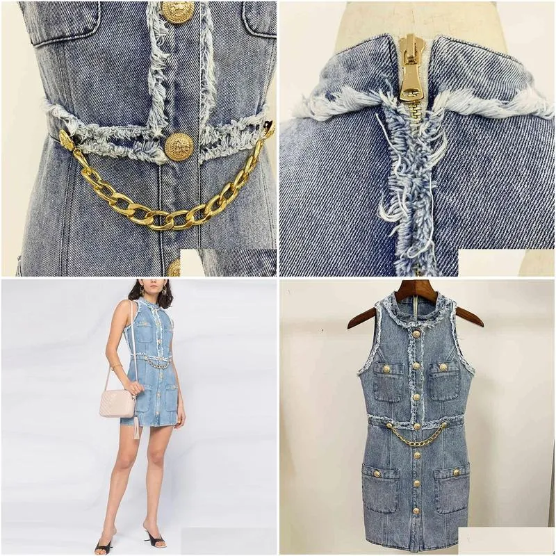 HIGH STREET est Designer Summer Dress Women`s Sleeveless Tassel Fringed  Buttons Denim 210521