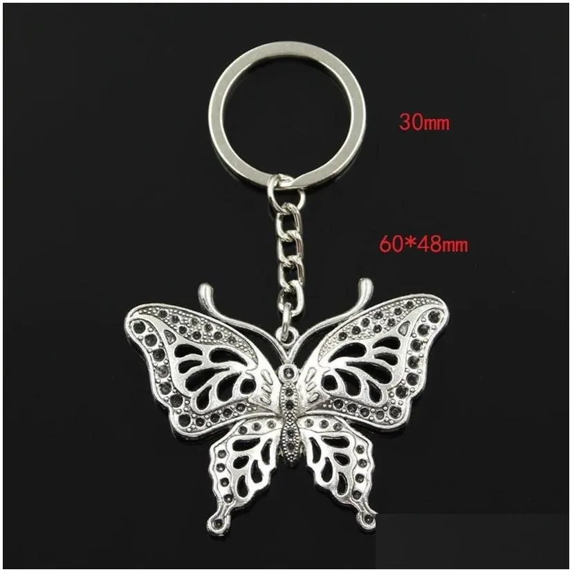 Fashion diameter 30mm Key Ring Metal Key Chain Keychain Jewelry Antique Silver Plated hollow butterfly 60 48mm Pendant215c