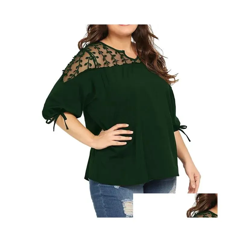 women Plue Size Blouses Tops Lace Mesh Sheer Chiff Ribbs Lantern Half Sleeve Net Yarn Blouses Top Oversizeed Shirts Blusas c2TO#