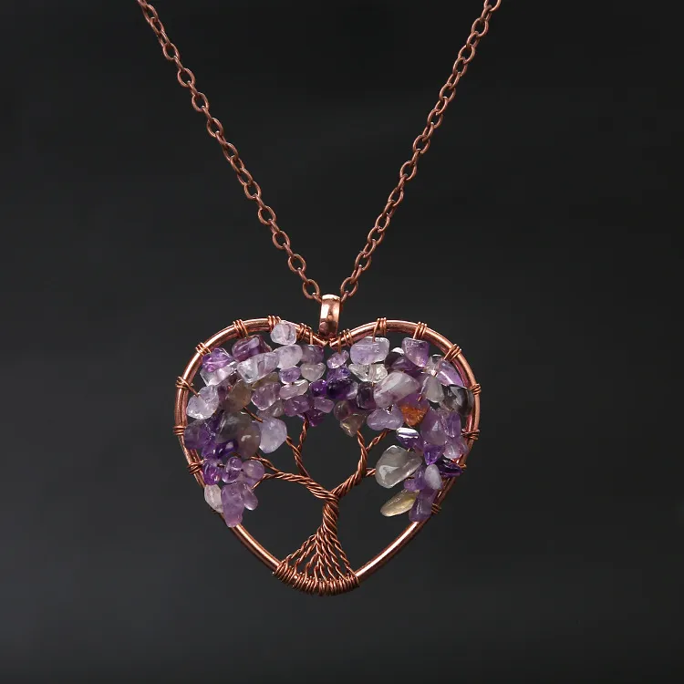 Pendant Necklaces Stone Crystal Charms Copper Twine Tree Of Life Wire Wrap Amethyst Tiger Eye Rose Quartz Wholesale Jewelry Whole Dr Otrn3