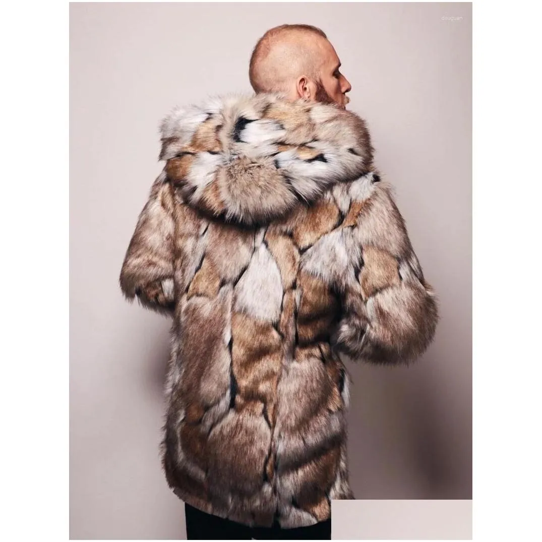 Men`s Jackets Winter Faux Fur Coat MenThick Hooded Fluffy Long Sleeve Warm Outerwear Luxury Jacket Bontjas Mens