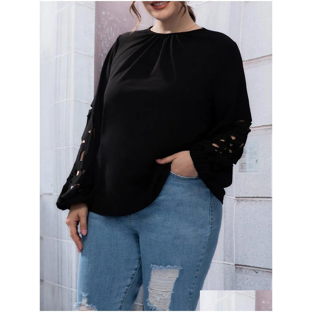 finjani Plus Size Women Blouse Guipure Lace Insert O-Neck Mesh Blouse Top Casual Clothing For Autumn New 931T#