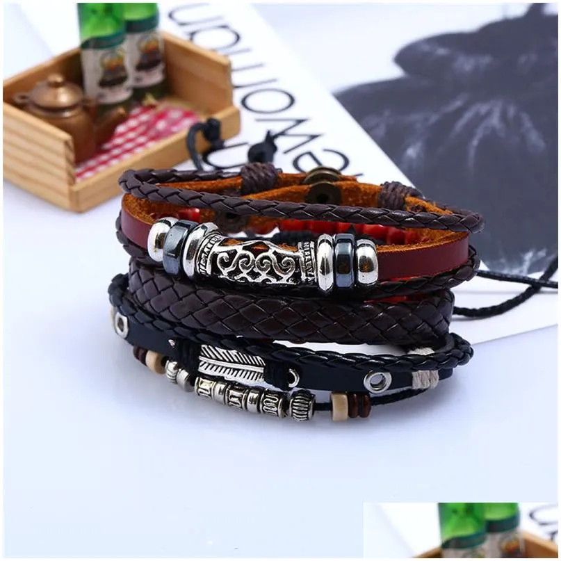 vintage punk bracelets fashion alloy genuine leather bangles men leaf beads strands for jewelry multilayer braided wrap charm bracelet