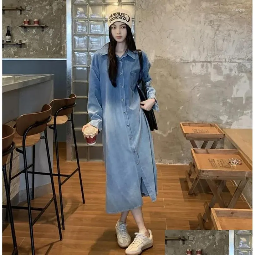 Casual Dresses Vintage Long Dress Spring Korean Style Shirt Turn-Down Collar Gradient Sleeve Loose Denim Pockets For Women