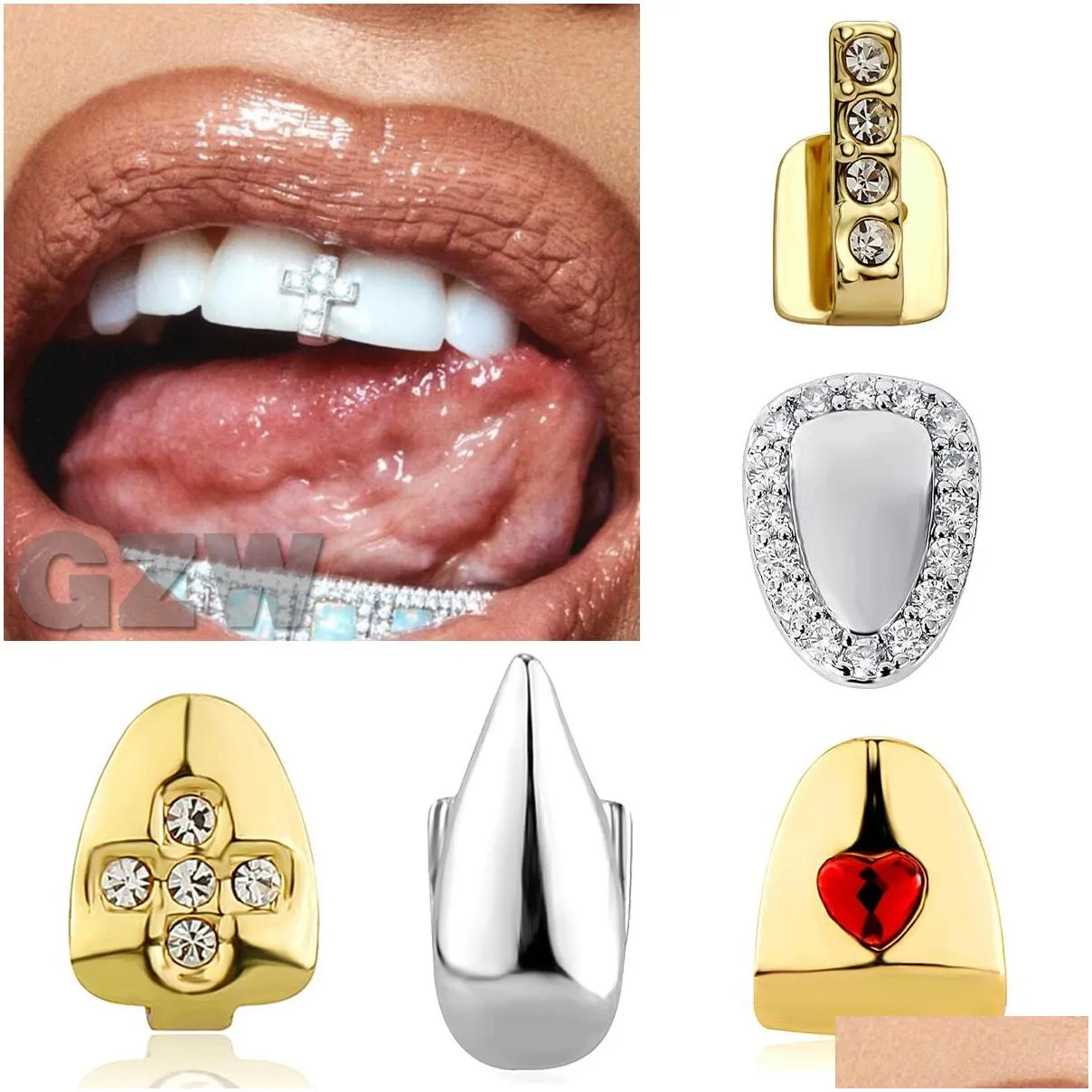 18K Gold Single Grillz Braces Punk Hip Hop CZ Cubic Zirconia Cross Teeth Dental Mouth Fang Grills Tooth Cap Cosplay Halloween Party Vampire Rapper Body Jewelry