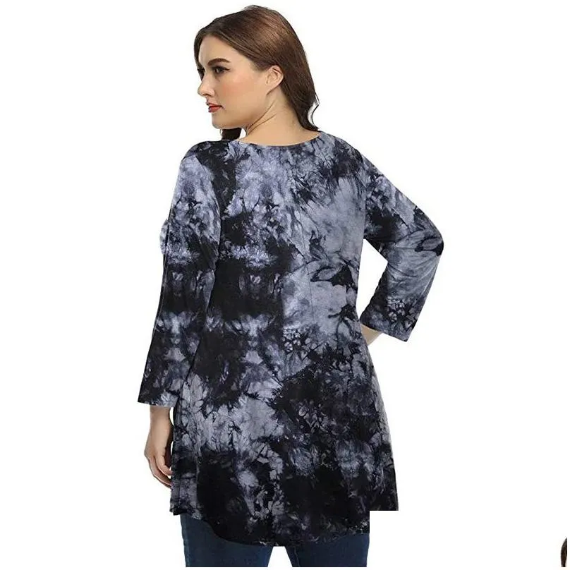 4xl 5XL Plus Size Tops Women 2021 Spring Autumn O Neck Lg Sleeve Tie Dye Print Retro Vintage Blouse Loose Big Size Lg Blouse J2B4#