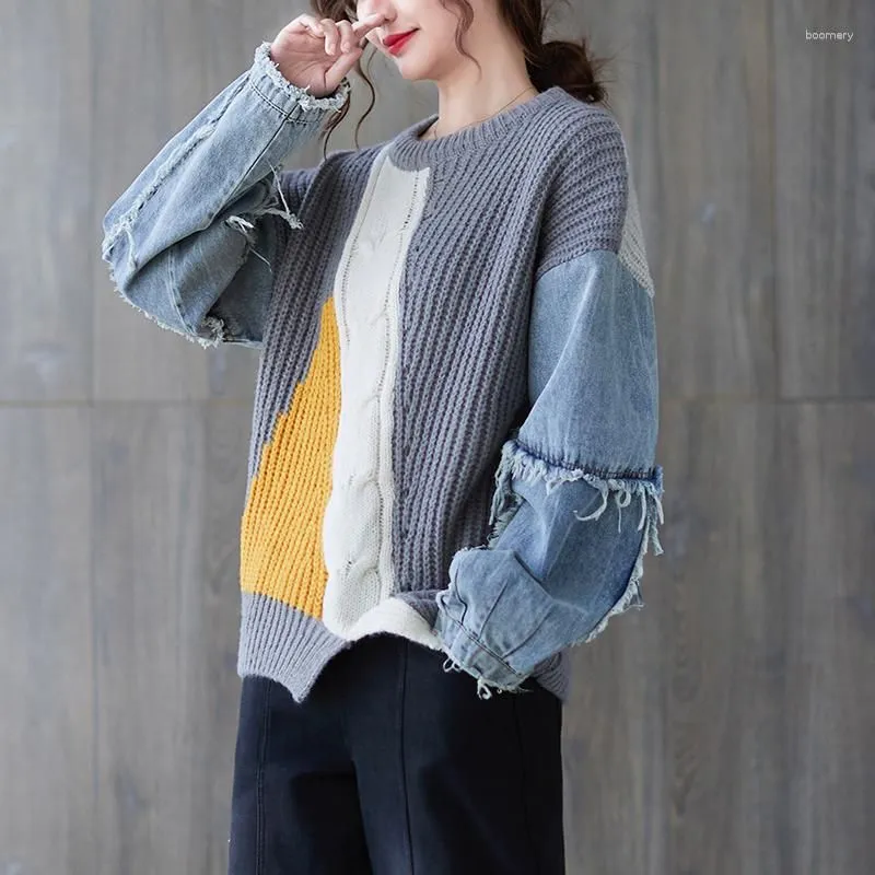 Women`s Sweaters Korean Fashion Sweater Oversized Denim Splice Plus Size Woman Vintage Pullover Knitted Tops 4XL 5XL