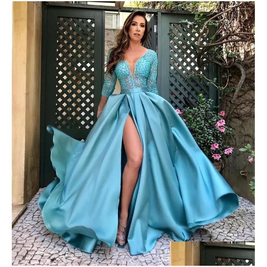 Basic & Casual Dresses 2023 Women Elegant Party Wedding Long Lady Chic Satin Y V-Neck Skirt Tail Solid Color Evening Drop Delivery Ap Dhevc