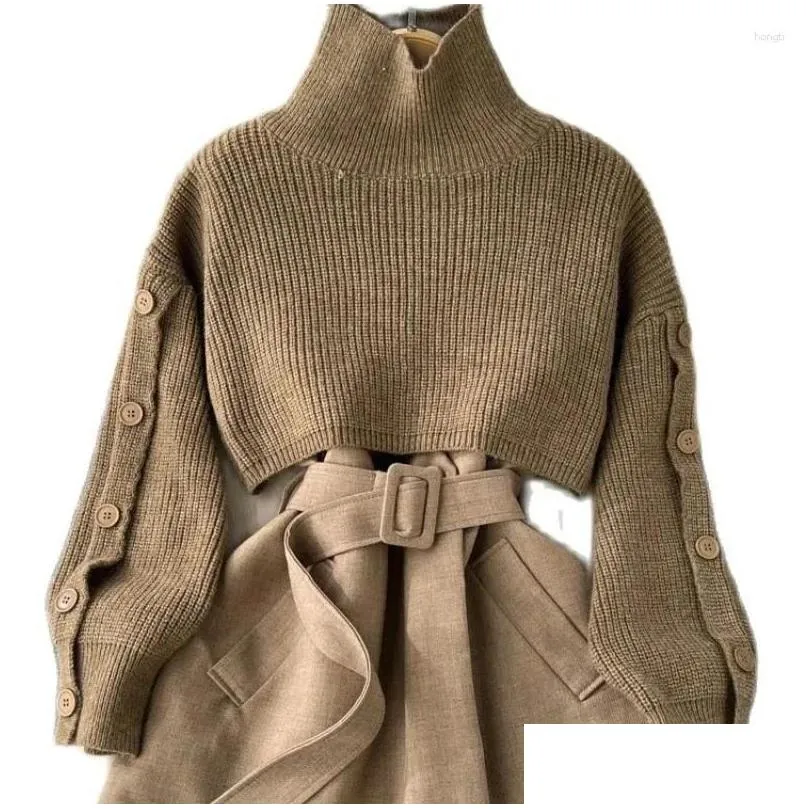 Work Dresses Autumn Winter Knit Two Piece Set Women`s Single-breasted Turtleneck Cropped Pullover Sweater V-neck Vest Dress Solid Women