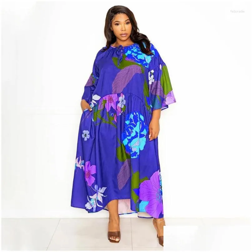 Plus Size Dresses WUHE Floral Printed Women Dress Three Quarter Sleeve Tie Up O-neck Patchwork Asymmetrical Loose Maxi Long